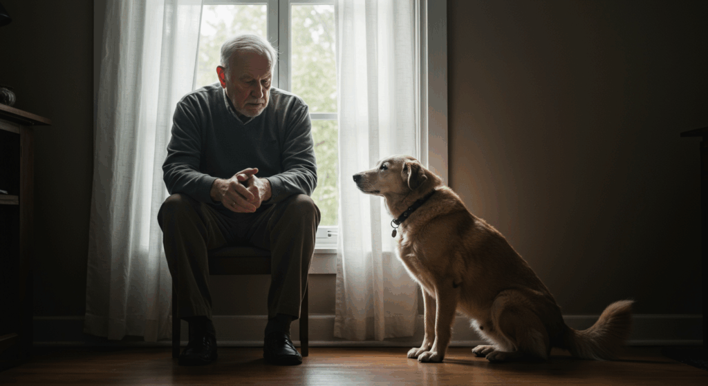 Prompt: “Elderly man sitting by a window, morning light coming in, blank expression, lost in thought. Old dog slowly walks into the frame, sits beside him, looking up lovingly. Mood: melancholic, then soft humor. Focus on connection.”