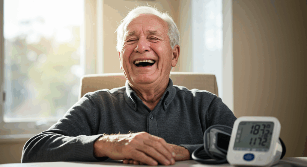 Prompt:
 “Elderly man laughing joyfully with eyes closed, sunlight pouring in behind, blood pressure monitor on table beside him showing 118/72. Tears in his eyes, raw emotion, a mix of laughter and crying. Realistic detail, heartwarming.”
