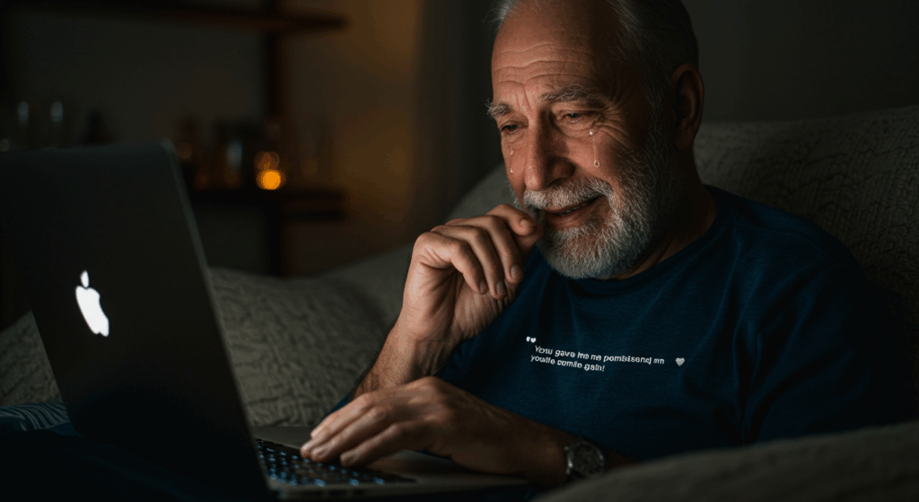 Prompt: “Close-up of a senior man reading comments on a laptop, screen glowing softly in a dim room. An emotional smile formed on his face, teary eyes. Caption on screen: ‘You gave me permission to smile again.’ Background cozy and quiet.”