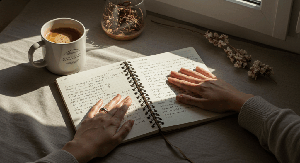 Prompt:
 “Flatlay of a simple morning scene: mug of coffee, open notebook with handwritten log, hand gently placed on chest, sunlight from window. Peaceful vibe, minimalist setting, warm tones. Symbolic of ritual and healing.”
