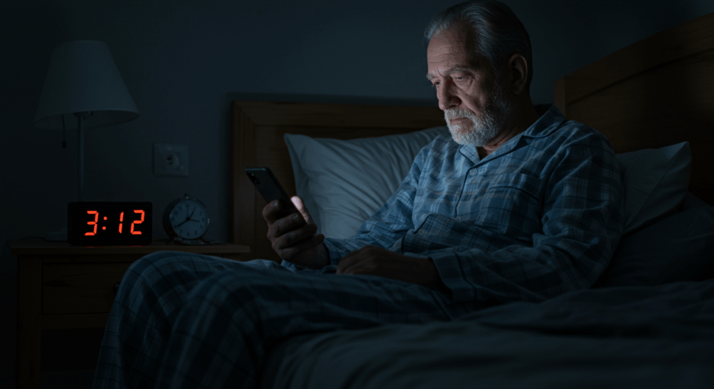 “An elderly man sitting alone at night, in pajamas, dim bedroom light, staring quietly at his phone with a tired expression. The clock on the nightstand shows 3:12 AM. Mood is heavy, introspective. Visual style: cinematic, realistic lighting.”
