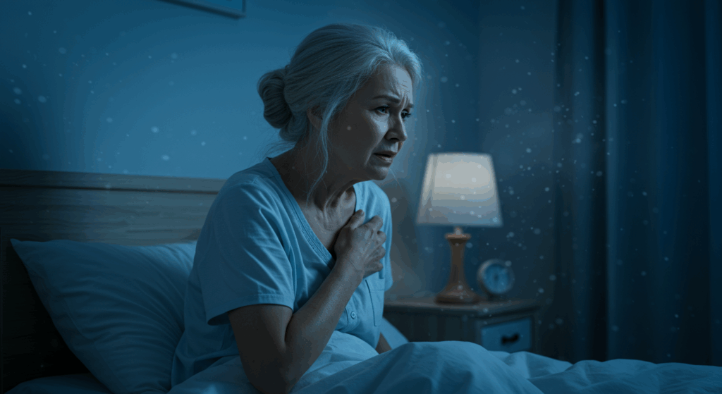 A senior woman sitting up in bed at night, struggling to breathe, looking distressed but not panicked. Oxygen-deficient feel, dim bedroom lighting, realistic and human-centered.