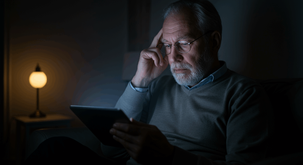 Prompt:
 “Senior mann reading health articles on a tablet late at night, a concerned look on his face. Overlay text or screen shows phrase: ‘Chronic stress increases stroke risk by 40%.’ Soft lighting, warm shadows, focus on emotion and reflection.”

