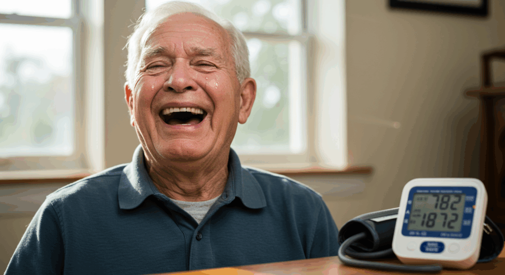 Prompt:
 “Elderly man laughing joyfully with eyes closed, sunlight pouring in behind, blood pressure monitor on table beside him showing 118/72. Tears in his eyes, raw emotion, a mix of laughter and crying. Realistic detail, heartwarming.”
