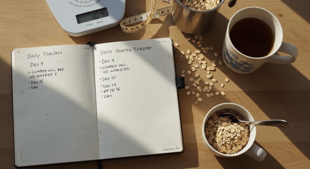 Prompt ảnh: Daily health tracker notebook open, handwritten log: “Day 9 – climbed hill, no wheeze”, “Day 15 – BP 128/76”. Next to it: used measuring scale, half cup oat bran, mug of tea. Light from morning sun. Top-view, cozy lifestyle photo. 