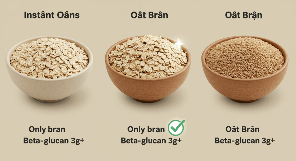 Prompt ảnh: Side-by-side comparison of three bowls: instant oats, rolled oats, and oat bran. Only the oat bran bowl has a glow or checkmark. Text label: “Only bran = beta-glucan 3g+”. Clean infographic style, clear visual focus, neutral background. 