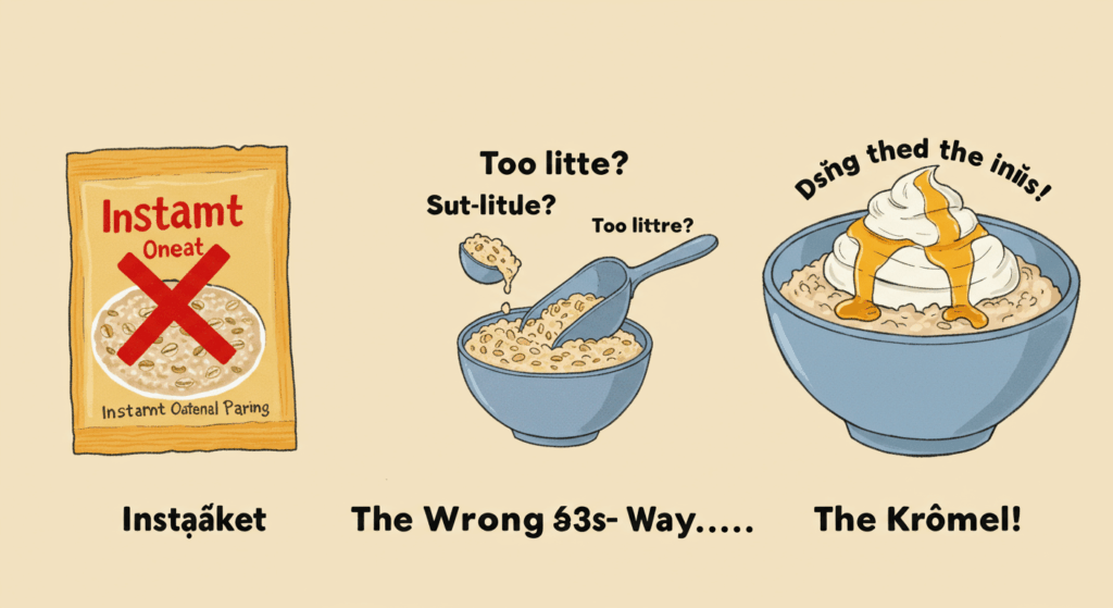 Prompt ảnh: Three mistakes illustrated: Left – sugary instant oatmeal packet with red “X”, Center – tiny scoop of oats labeled “Too little?”, Right – bowl topped with whipped cream and syrup. Title overlay: “Doing the Right Thing… The Wrong Way?” Sharp contrast, infographic feel. 