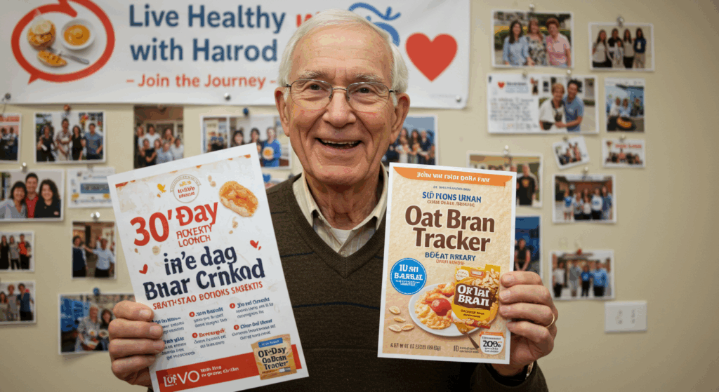 Prompt ảnh: Friendly elderly man (Harold) smiling while holding a printed “30-Day Oat Bran Tracker”. Behind him, wall with pinned photos of group members, heart icons, breakfast photos. Banner text: “Live Healthy with Harold – Join the Journey”. Inviting, authentic tone. 