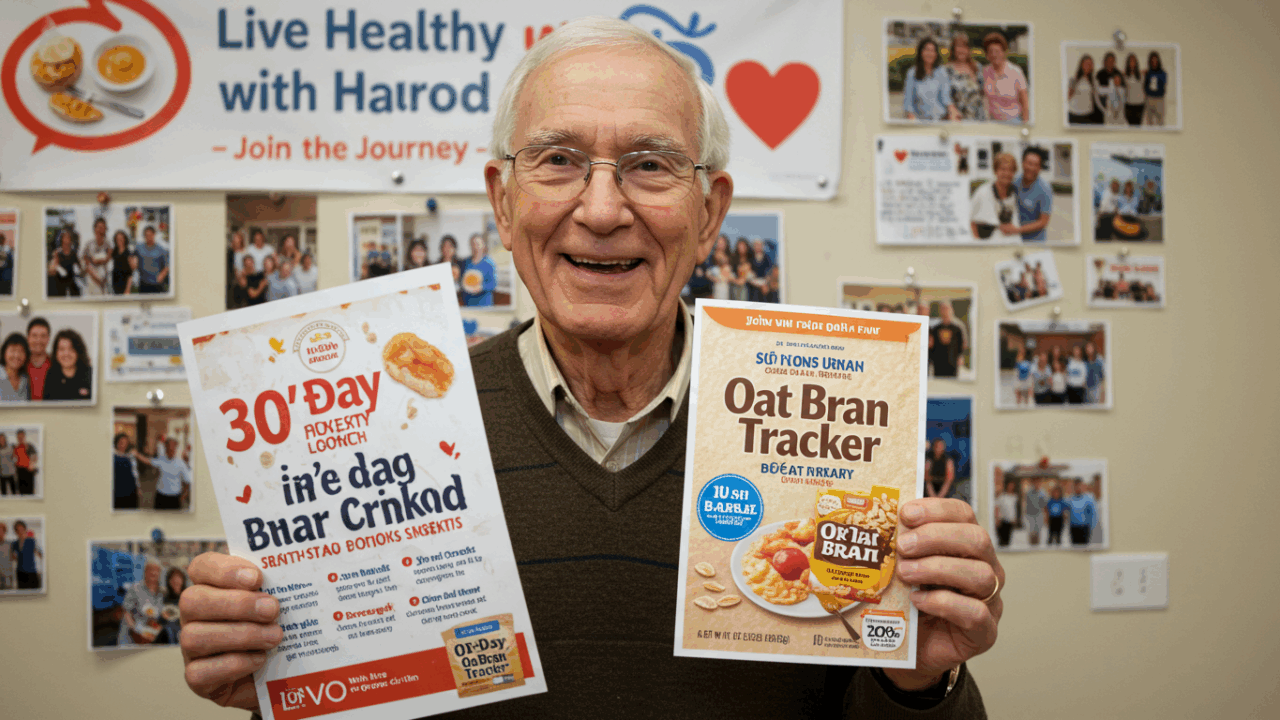 Prompt ảnh: Friendly elderly man (Harold) smiling while holding a printed “30-Day Oat Bran Tracker”. Behind him, wall with pinned photos of group members, heart icons, breakfast photos. Banner text: “Live Healthy with Harold – Join the Journey”. Inviting, authentic tone.