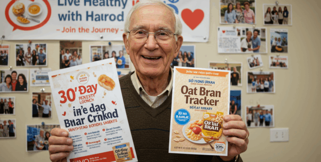 Prompt ảnh: Friendly elderly man (Harold) smiling while holding a printed “30-Day Oat Bran Tracker”. Behind him, wall with pinned photos of group members, heart icons, breakfast photos. Banner text: “Live Healthy with Harold – Join the Journey”. Inviting, authentic tone.