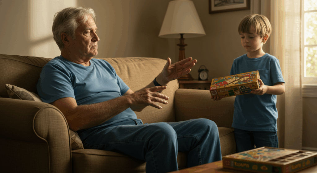 A grandfather turning down a board game invitation from his grandchild, sitting on the couch, looking drained and emotionally distant. Soft light through the window. Mood of quiet exhaustion.
