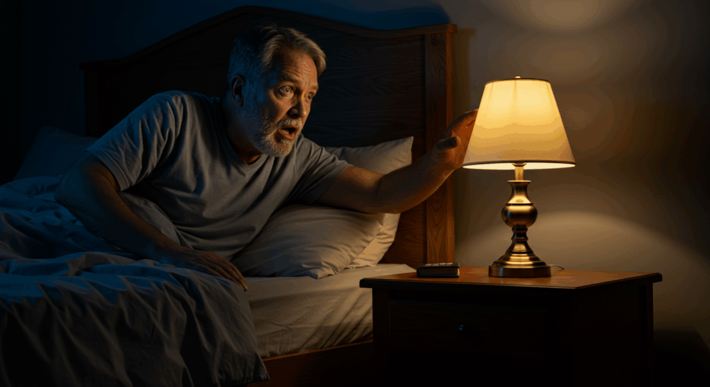 A man wakes up in the middle of the night, shirt soaked in sweat, reaching for the lamp with a shocked expression. Nightstand light casts a golden glow. Realistic elderly bedroom.
