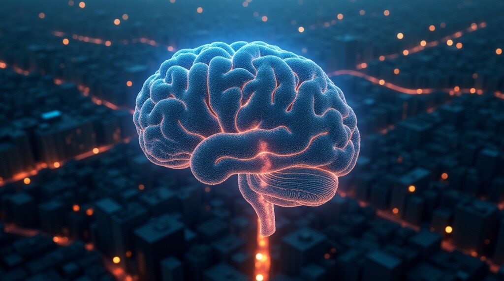 A conceptual image of the human brain visualized as a vast city at night. Glowing neural pathways form a grid of streets. In the image, these streets are clear and bright, with tiny, glowing particles (the 'cleaning crew') flowing freely through them, representing the glymphatic system working at peak efficiency. Cinematic, abstract, photorealistic, high detail, 4K.
