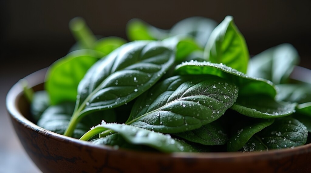 "A high-resolution photo of fresh raw spinach leaves piled in a bowl, with subtle frost-like crystals overlayed to symbolize oxalates. Gentle dramatic lighting, medical-educational tone, slightly cool color grading. 16:9 format."