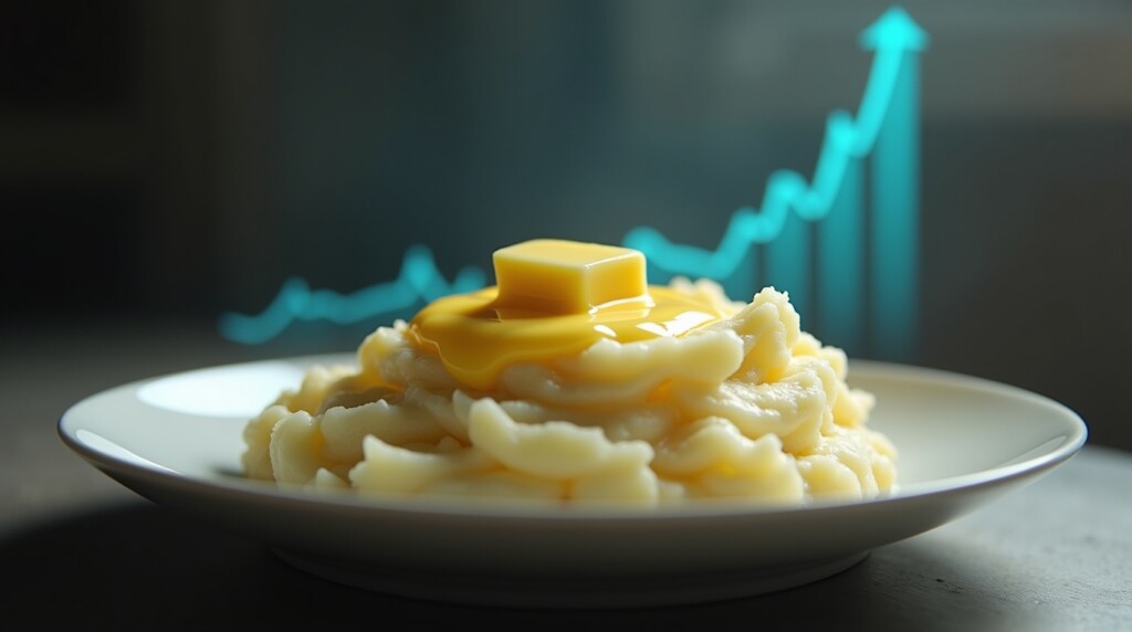 "A plate of mashed potatoes with butter melting on top, photographed in soft, moody light. A faint overlay of a glucose chart rising upward in the background, blending naturally. Editorial medical style, hyper-realistic food shot, 16:9 format."
