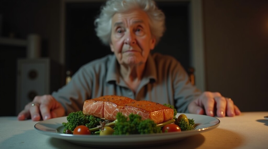 A poignant, photorealistic scene. A full, delicious-looking plate of food (salmon, vegetables) sits on a dinner table, untouched. A senior person's hands are resting on the table, but they are turned away from the plate, looking off-camera with an expression of fatigue and no appetite. Soft, melancholic lighting.
