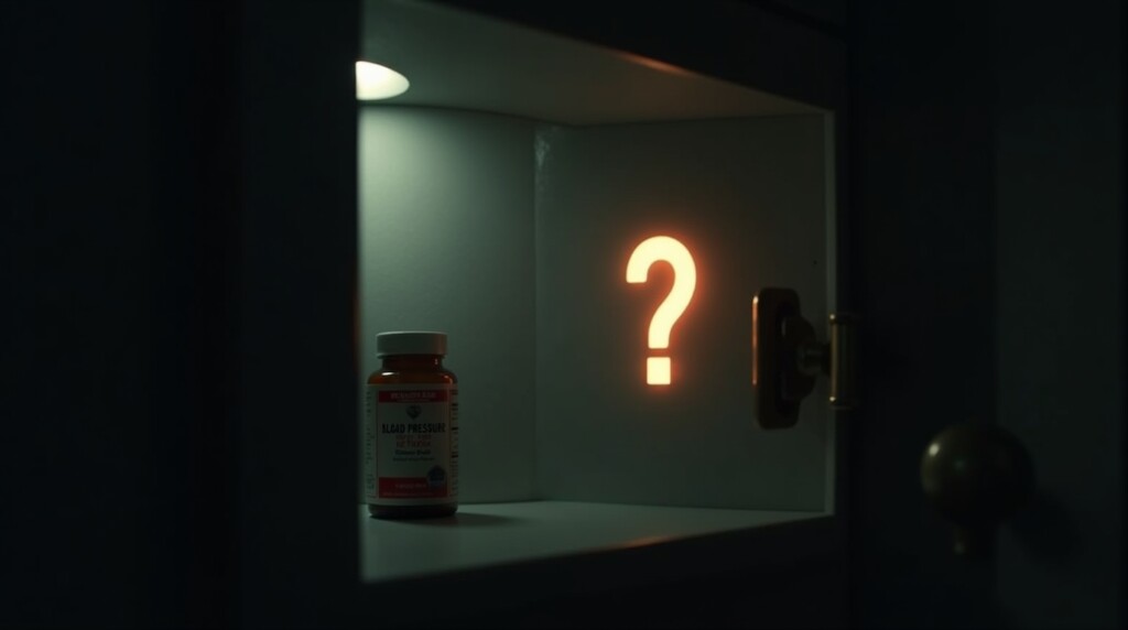 A shot looking into a slightly ajar bathroom medicine cabinet. It's dark inside, except for a single, dramatic spotlight illuminating one bottle of blood pressure pills. A faint, glowing question mark is superimposed over the pill bottle, symbolizing doubt and the danger of outdated information. Cinematic, symbolic, photorealistic, high detail, 4K.
