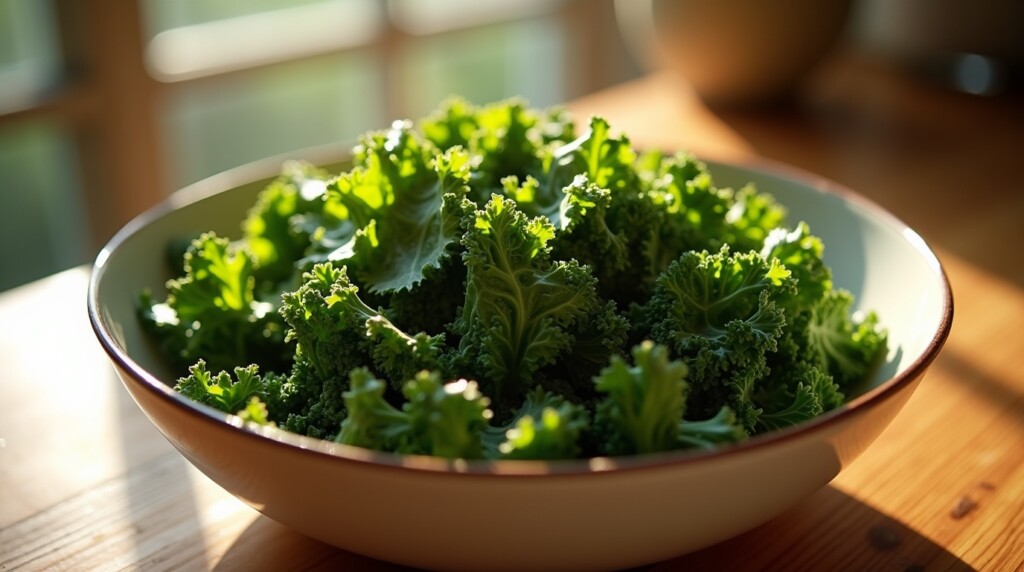 "A vibrant bowl of steamed kale with olive oil and garlic, photographed in warm sunlight. Leaves look fresh, green, and full of life. Optimistic, healing vibe, editorial health photography style, 16:9 format."
