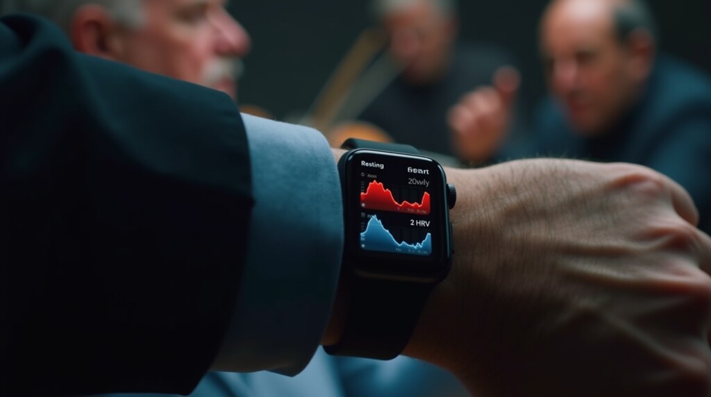 Close-up on a modern smartwatch on the wrist of an older man. The watch face displays two glowing line graphs: one for Resting Heart Rate, slowly trending upwards in red, and another for HRV, trending downwards in blue. In the background, artistically blurred, is the image of a symphony conductor looking tired and overwhelmed. --ar 16:9 --style Futuristic, Cinematic --vibe Urgent, Informative
