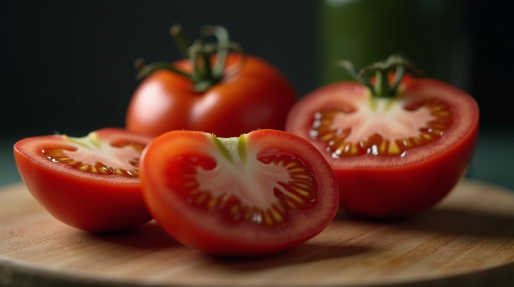 "Close-up photo of raw, underripe greenish-red tomatoes sliced open on a wooden cutting board. Subtle moody lighting, highlighting the texture of the tomato skin. Slight uneasy vibe to suggest hidden risk. Medical editorial style, 3D realism, 16:9 format." 