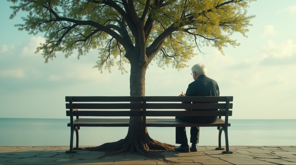 Double exposure effect, a pensive, older man sits on a bench, looking down towards his feet. His legs are transparent, revealing a visual metaphor inside: the base of a great tree whose roots are turning dry and brittle, and the leaves on the lowest branches are starting to wither and fall. --ar 16:9 --style Cinematic --vibe Poignant, Symbolic
