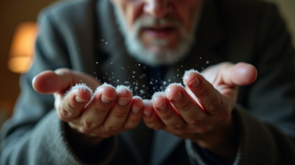 Dramatic close-up of an elderly man's hands, which look unnaturally cold and pale. A very subtle frost or condensation effect is visible on the fingertips to symbolize an icy sensation, contrasted against a warm indoor background. photorealistic, cinematic lighting, ultra-detailed, 8K, shot on Sony Alpha A7S III --ar 16:9