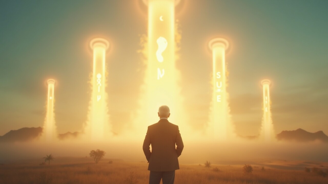Epic wide shot, a serene and wise-looking older man (Harold) stands peacefully in a beautiful, sun-drenched landscape. Behind him, four majestic, glowing pillars of light rise into the sky. Each pillar has a simple, elegant icon floating within it: a green leaf (Nourish), a walking footprint (Movement), a crescent moon (Sleep), and a calm breathing symbol (Peace). --ar 16:9 --style Inspirational, Ethereal --vibe Serene, Powerful