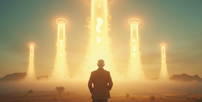 Epic wide shot, a serene and wise-looking older man (Harold) stands peacefully in a beautiful, sun-drenched landscape. Behind him, four majestic, glowing pillars of light rise into the sky. Each pillar has a simple, elegant icon floating within it: a green leaf (Nourish), a walking footprint (Movement), a crescent moon (Sleep), and a calm breathing symbol (Peace). --ar 16:9 --style Inspirational, Ethereal --vibe Serene, Powerful