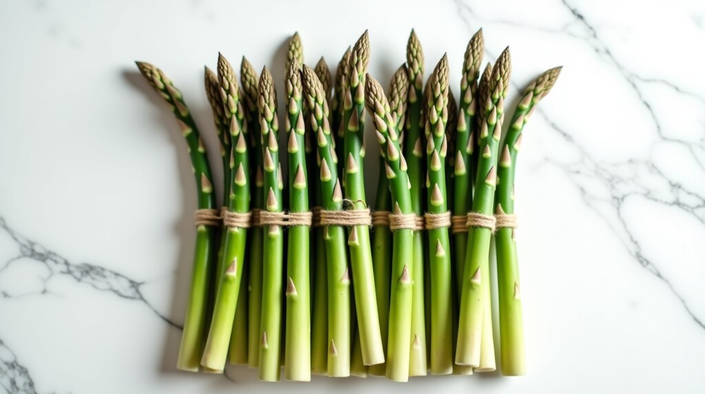 Prompt: A bundle of fresh, perfectly straight green asparagus spears, tied with natural twine and standing upright on a clean, white marble surface. They are shot with clean studio lighting, looking strong, uniform, and professional, like an elite team ready for a mission. Photorealistic, minimalist, symbolic. 