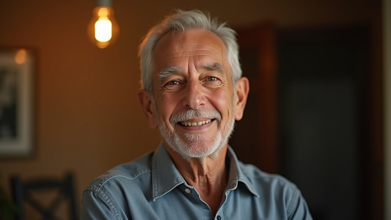 Prompt: A powerful, hopeful portrait of the elderly man Harold Bennett, now looking vibrant and healthy. He looks directly at the camera with a confident, reassuring smile, embodying successful senior health. Warm, bright lighting. photorealistic, cinematic lighting, ultra-detailed, 8K, shot on Sony Alpha A7S III --ar 16:9