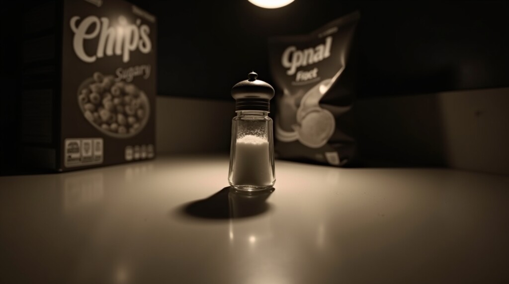Prompt: A stylized, film noir-style image of a kitchen counter at night. In the center, a common salt shaker is dramatically lit from the side, casting a long, ominous shadow. In the blurry background, a box of sugary cereal and a bag of potato chips are barely visible. The mood is one of hidden danger and warning. Style: Sepia tones, high contrast, cinematic, symbolic, high detail.
