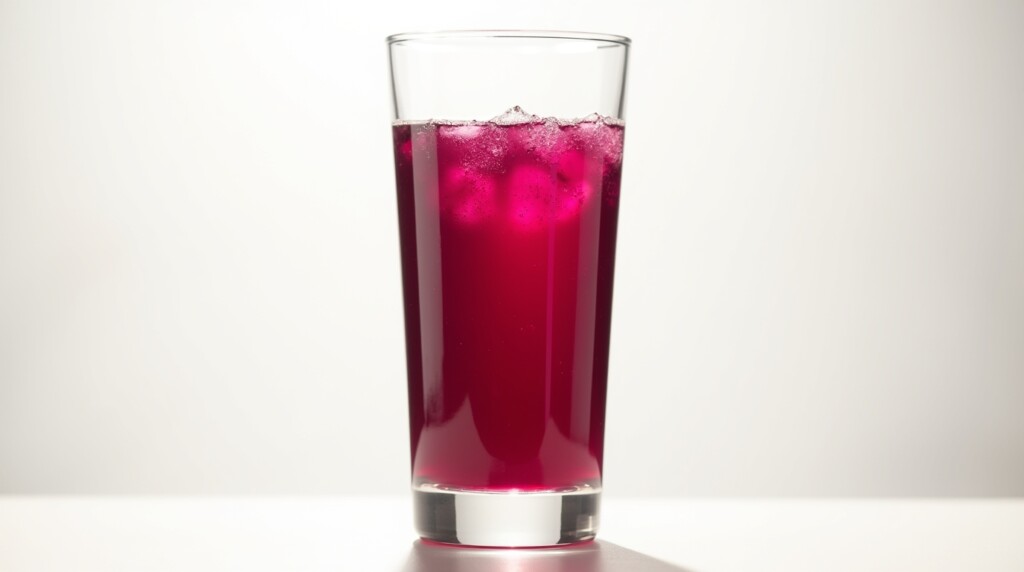 Prompt: A tall, elegant glass filled with deep, rich, vibrant purple-red beet juice, backlit by bright morning sunlight against a clean white background. Tiny, effervescent bubbles are visible inside the liquid. The image should convey a powerful sense of vitality, energy, and flow. Clean, minimalist, photorealistic. 