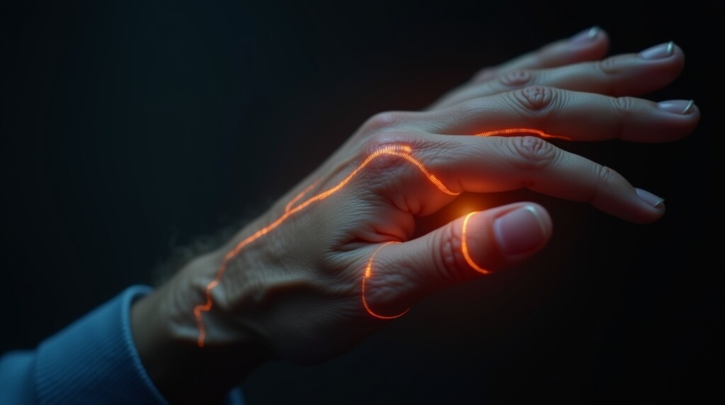 Prompt: Artistic macro shot of an elderly man's hand, with faint, glowing lines of light tracing the nerves in the fingers to visually represent the tingling "pins and needles" sensation of neuropathy. Dark, moody background. photorealistic, cinematic lighting, ultra-detailed, 8K, shot on Sony Alpha A7S III --ar 16:9
