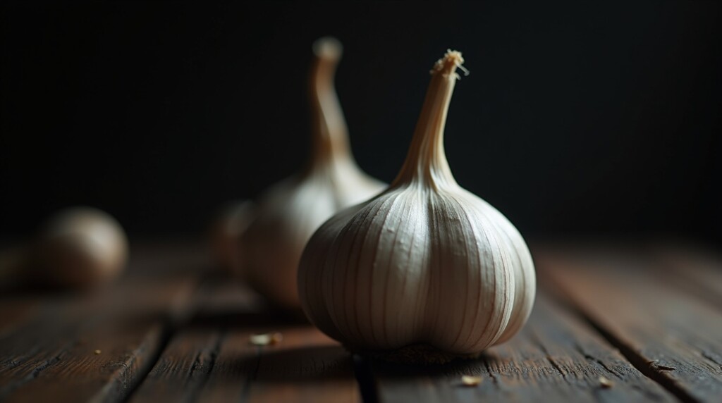 Prompt: dramatic macro photography of a single perfect clove of garlic resting on a dark, rustic wooden table. A single source of strong side lighting illuminates the garlic, highlighting its paper-like texture and creating deep, dramatic shadows. The image feels powerful, pure, and epic. Cinematic, moody lighting. 