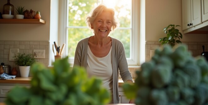 Prompt for Segment 4 (Broccoli, Kale, Okra): A hopeful, sunlit photograph of a vibrant, healthy 73-year-old woman walking confidently up a set of porch steps, not holding the handrail. She has a slight smile of relief and strength. In the foreground, artistically blurred, is a fresh bunch of deep green kale on a kitchen counter.