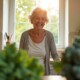 Prompt for Segment 4 (Broccoli, Kale, Okra): A hopeful, sunlit photograph of a vibrant, healthy 73-year-old woman walking confidently up a set of porch steps, not holding the handrail. She has a slight smile of relief and strength. In the foreground, artistically blurred, is a fresh bunch of deep green kale on a kitchen counter.