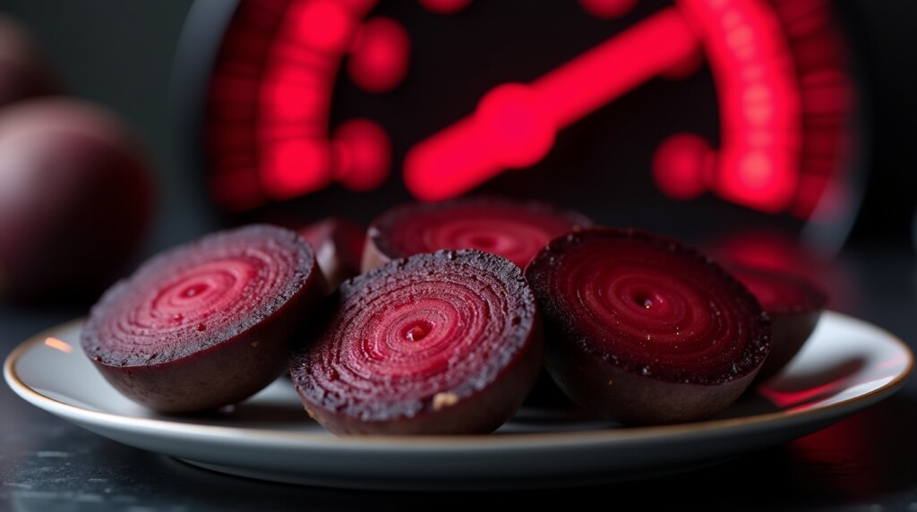 "Roasted red beets sliced on a plate, with a subtle red pressure gauge graphic blended in the background. Dark, clinical atmosphere, suggesting risk. High realism, medical editorial illustration, 16:9 format."
