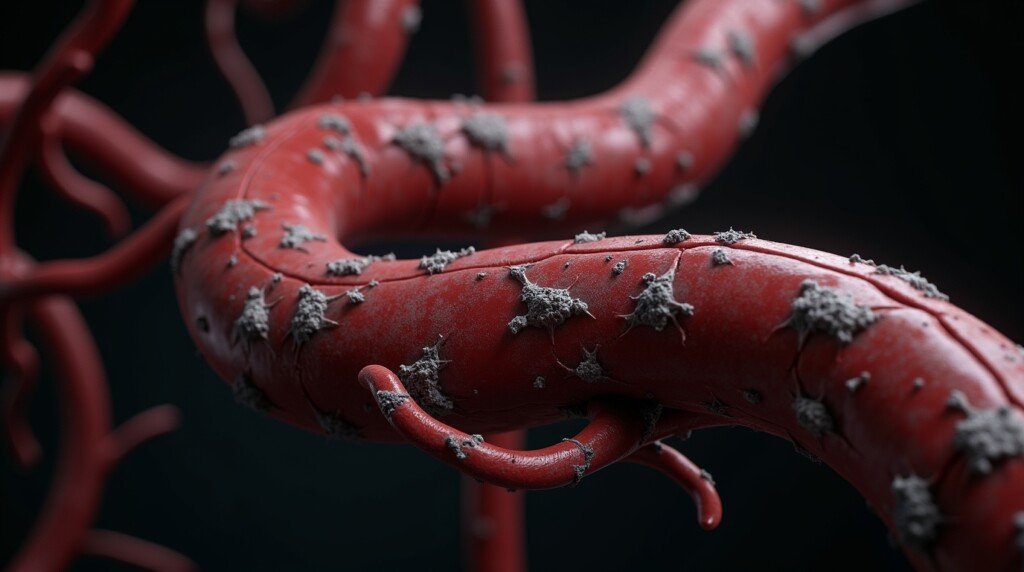 Ultra-realistic 3D render of human arteries, but instead of being soft and red, they are rendered as hard, brittle, grey concrete pipes with visible cracks and texture. Dark background to emphasize the arteries. Hyper-realistic, powerful medical visualization, Unreal Engine, cinematic quality.

