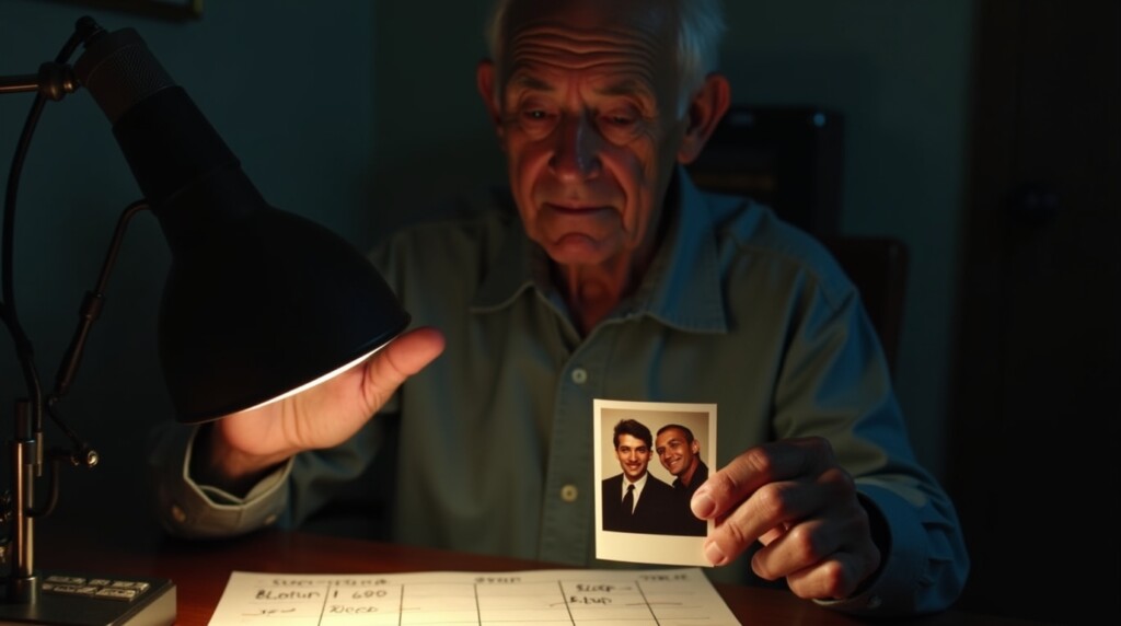 emotional, poignant photo. An elderly man (Harold) sits in a dimly lit room, his face etched with regret. In one hand, he holds a faded, old Polaroid picture of two smiling young men from the 1970s. On the table in front of him, illuminated by a single desk lamp, is a simple, hand-drawn health tracker sheet with columns for "Blood Pressure" and "Sleep." The mood is somber but with a spark of new purpose. Soft focus, high contrast, cinematic quality.
