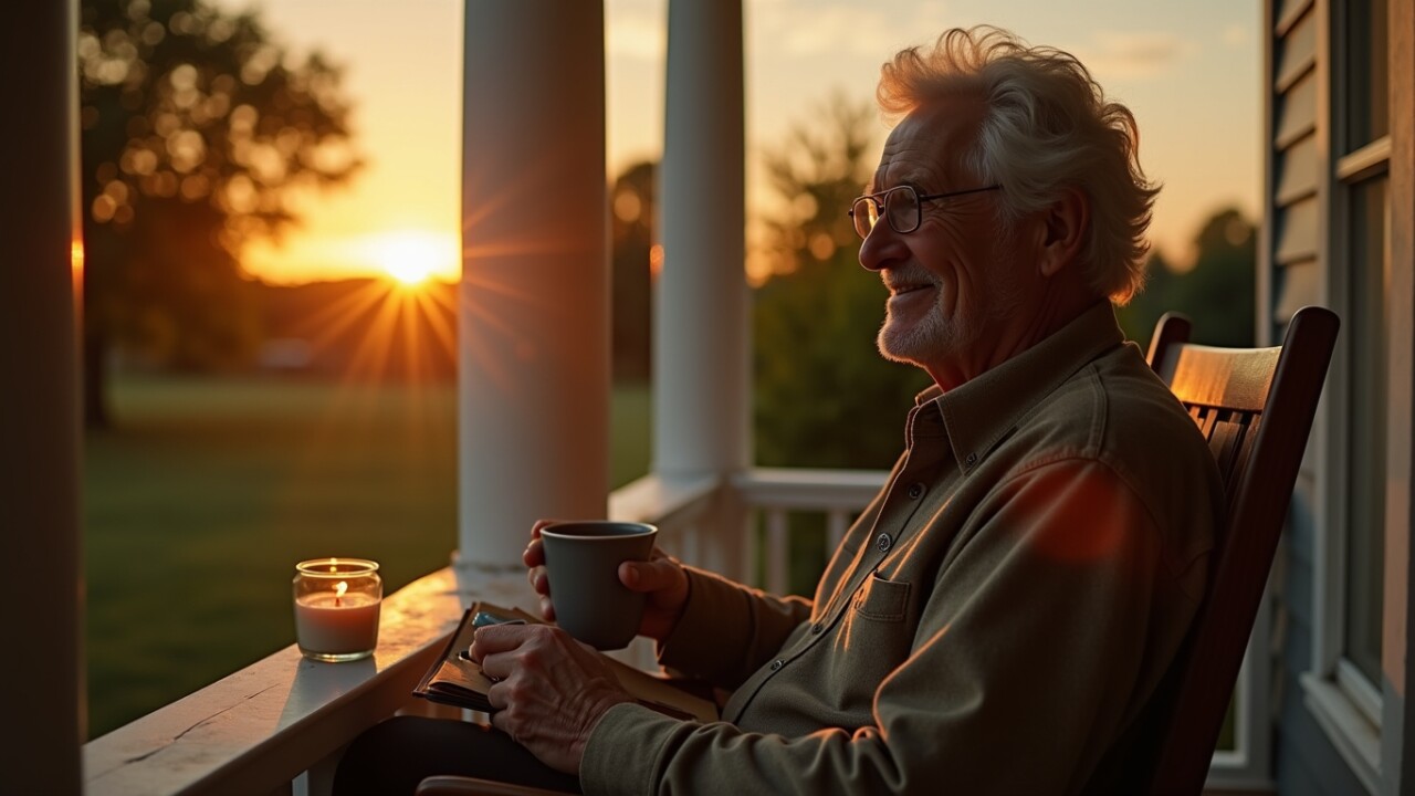 hopeful, serene cinematic photo. An elderly man sits on his peaceful porch during the golden hour at dusk. He is not drinking wine. Instead, he holds a comforting ceramic mug of warm lemon water. In his other hand, he writes with a pen in a simple journal. A small, lit candle sits on the railing beside him. His expression is calm and content. The atmosphere is one of healing, control, and quiet strength. Photorealistic, warm golden lighting, peaceful mood.