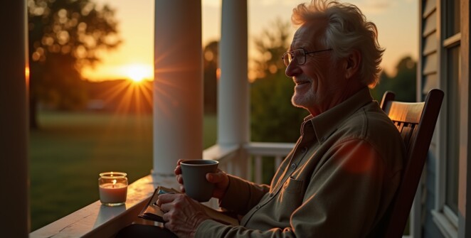 hopeful, serene cinematic photo. An elderly man sits on his peaceful porch during the golden hour at dusk. He is not drinking wine. Instead, he holds a comforting ceramic mug of warm lemon water. In his other hand, he writes with a pen in a simple journal. A small, lit candle sits on the railing beside him. His expression is calm and content. The atmosphere is one of healing, control, and quiet strength. Photorealistic, warm golden lighting, peaceful mood.
