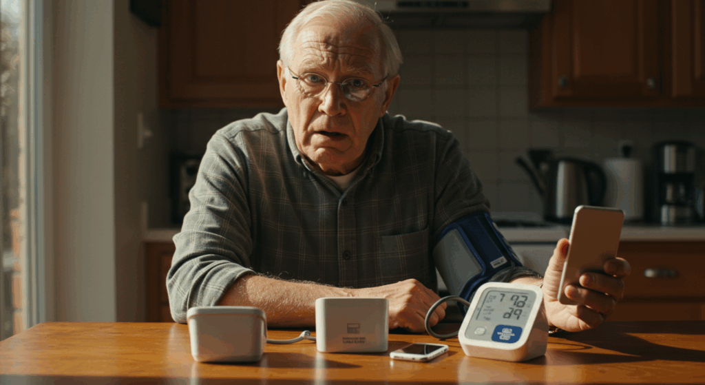 Photorealistic image of a concerned elderly man in his 70s, sitting at his sunlit kitchen table. In front of him are three different blood pressure monitors (a wrist one, an older tabletop one, a modern smart one). His expression is a mix of panic and confusion as he looks at the conflicting numbers. Cinematic lighting, warm tones, shallow depth of field focusing on his worried face, highly detailed, 4K.