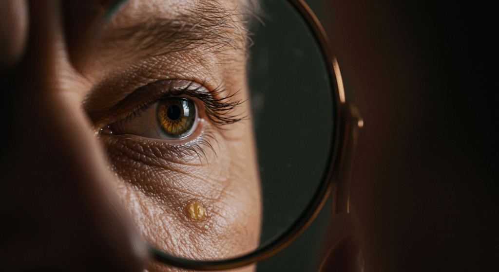 Dramatic macro shot focusing on the eye of an elderly man looking into a mirror. A subtle, soft yellow plaque (Xanthelasma) is visible on his eyelid. His reflection shows a look of dawning realization and concern. photorealistic, cinematic lighting, ultra-detailed, 8K, shot on Sony Alpha A7S III --ar 16:9