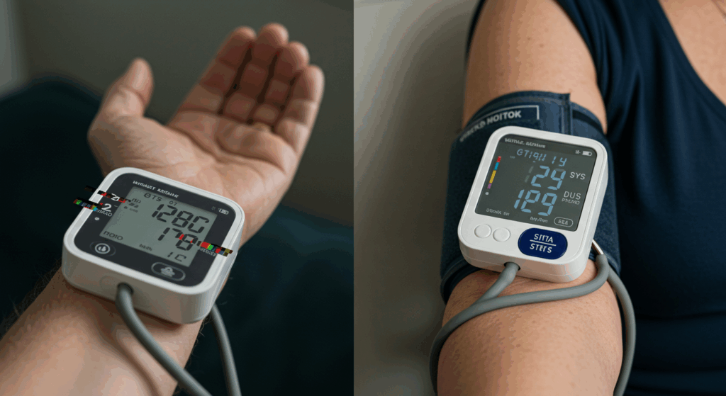 Prompt: Split-screen, photorealistic, educational graphic. On the left, a close-up of a senior's wrist with a wrist blood pressure monitor; the digital numbers are blurred and glitching, conveying inaccuracy. On the right, a close-up of a senior's upper arm with a proper cuff; the monitor screen is sharp and clear showing a stable reading. Dramatic, contrasting lighting, 4K. 
