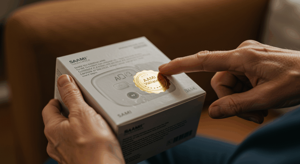 Prompt: Close-up, over-the-shoulder shot of a senior holding the box of a blood pressure monitor. Their finger is pointing directly at a gold "AAMI Validated" certification seal on the packaging. The focus is sharp on the seal and the person's hand. Warm, indoor lighting, a feeling of careful consideration and making a smart choice, photorealistic, 4K. 
