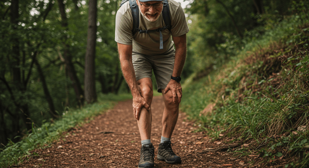 Prompt: Medium shot of an elderly man in hiking attire, stopped abruptly on a beautiful nature trail. He is grimacing in pain, one hand clutching his calf muscle, portraying a sudden, sharp cramp. photorealistic, cinematic lighting, ultra-detailed, 8K, shot on Sony Alpha A7S III --ar 16:9
