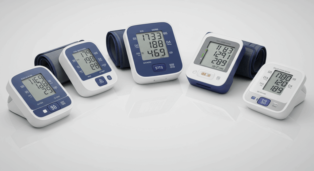 A hero shot of five different, modern, top-rated automatic upper arm blood pressure monitors arranged in a slight arc on a clean, white reflective surface. They look sleek and reliable. Bright, professional studio lighting, commercial product photography style, ultra-realistic, sharp details, 4K, conveys quality and trust.