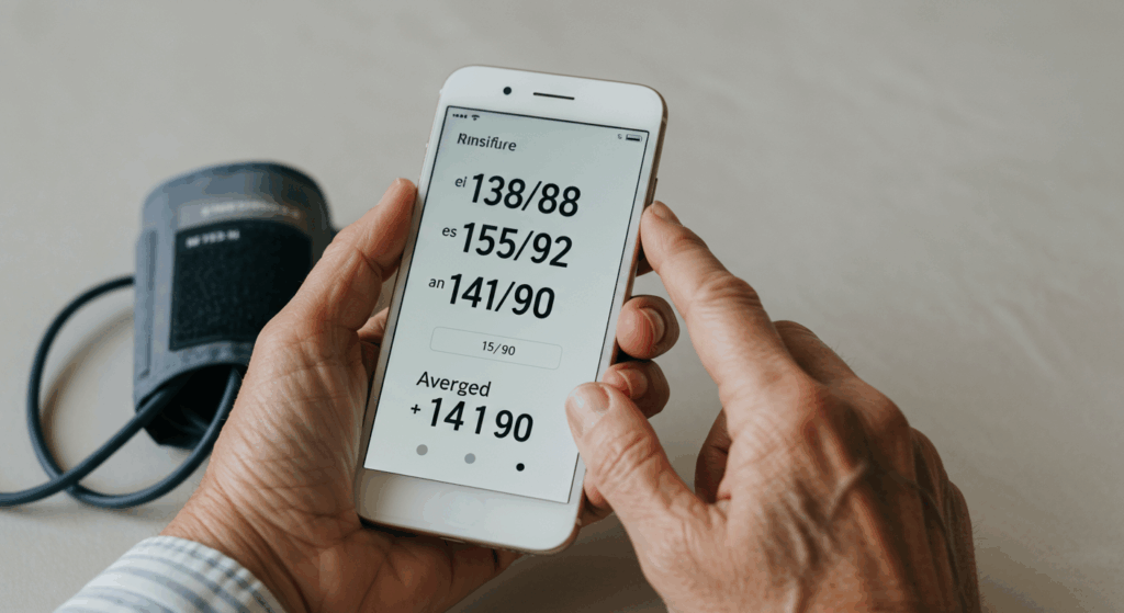 A conceptual photorealistic image. A senior's hand is holding a smartphone. On the screen is a log of three consecutive blood pressure readings (e.g., 138/88, 145/92, 141/90) which are then visually averaged into one clear, bold number below: 141/90. Clean, bright aesthetic, conveys a sense of control and data verification, 4K.