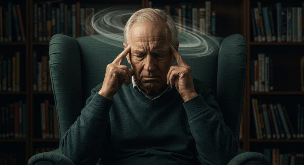 Prompt: An elderly man sitting in a library armchair, his face etched with pain as he presses his fingers to his temple. A subtle, swirling fog or blur effect visualizes the concept of "brain fog" around his head. photorealistic, cinematic lighting, ultra-detailed, 8K, shot on Sony Alpha A7S III --ar 16:9
