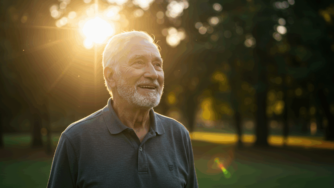 Prompt: An inspiring, cinematic shot of the same elderly man from the first prompt, now looking healthy and content. He is enjoying a peaceful morning walk in a beautiful, sun-dappled park, smiling serenely. Hopeful, uplifting golden hour light, lens flare, vibrant colors, photorealistic, 4K.